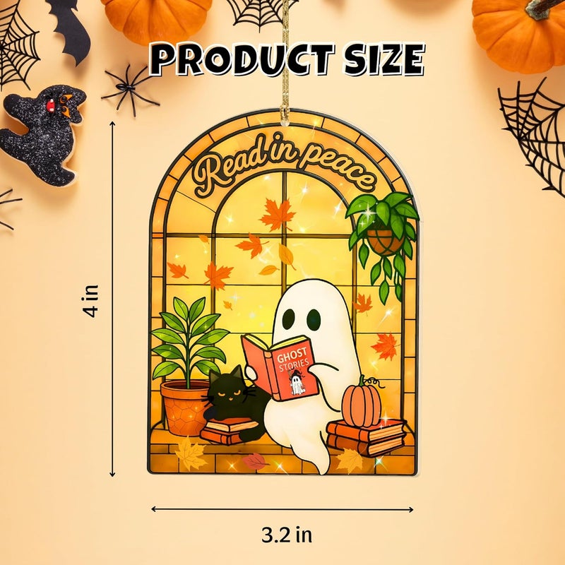 Hutato Halloween Ghost Reading Book Suncatcher, Ghost and Black Cat Acrylic Window Hanging Decor, Reading Book Sun Catcher, Book Lover Gift (Ma 1) - Image 5
